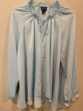Scoop Light Blue Ruffle Tie-Neck Blouse